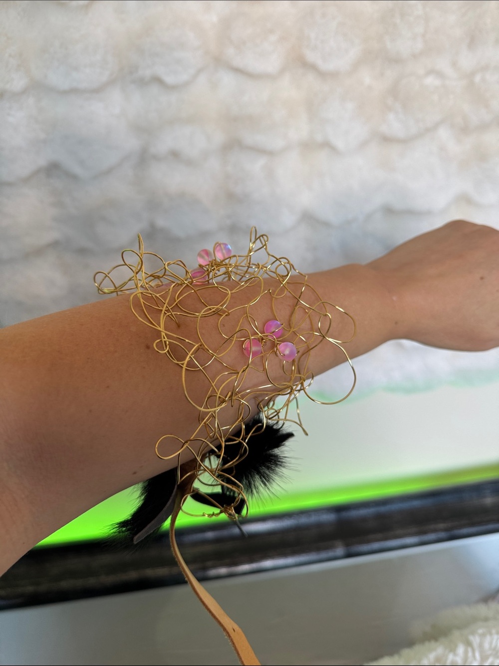 Handmade Delicate Gold toned brass Wire Bracelet with Pink Bead Accents
